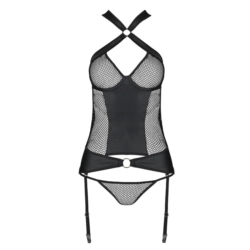 Сетчатый комплект корсет с халтером, съемные подвязки и трусики Passion AMANDA CORSET 2XL/3XL black