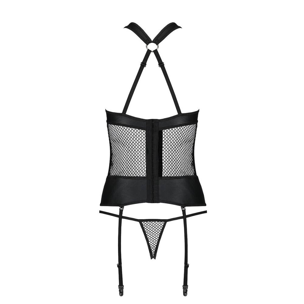 Сетчатый комплект корсет с халтером, съемные подвязки и трусики Passion AMANDA CORSET 2XL/3XL black