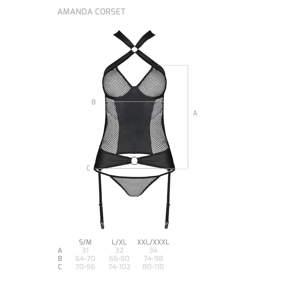 Сетчатый комплект корсет с халтером, съемные подвязки и трусики Passion AMANDA CORSET 2XL/3XL black