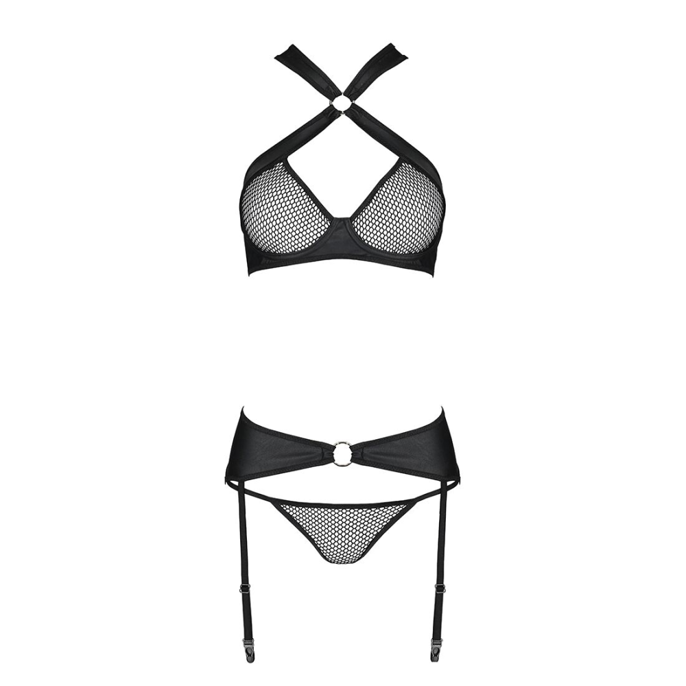 Сетчатый набор, бюстгальтер с халтером, трусики и пояс для чулок AMANDA SET XXL/XXXL, black