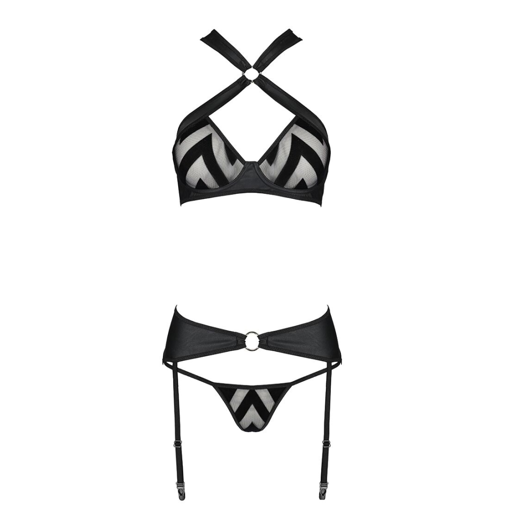 Сетчатый набор с узором, бюстгальтер, трусики, пояс для чулок Passion HIMA SET XXL/XXXL black