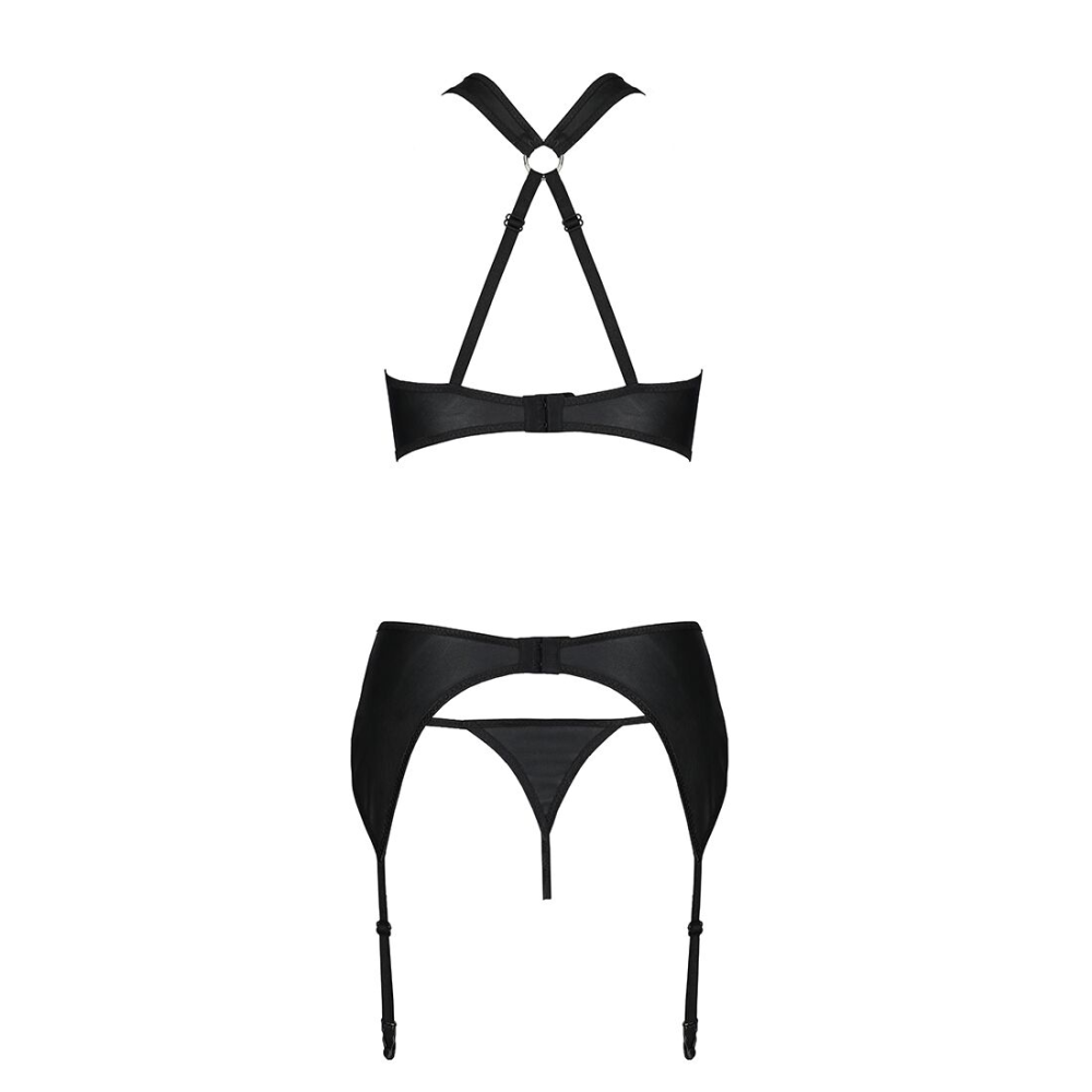 Сетчатый набор с узором, бюстгальтер, трусики, пояс для чулок Passion HIMA SET XXL/XXXL black