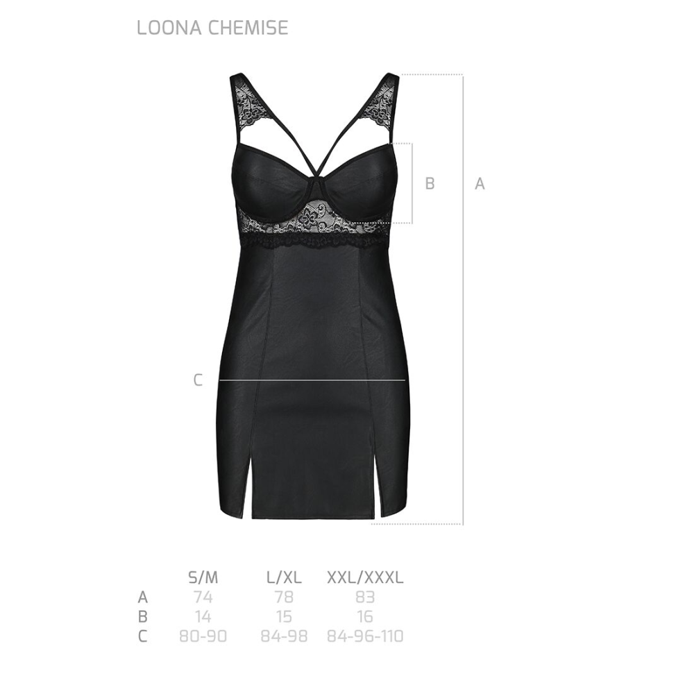 Бэби-долл из эко-кожи и кружева Passion LOONA CHEMISE XXL/XXXL, black