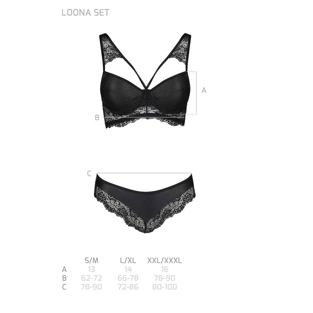 Комплект из эко-кожи с кружевом Passion LOONA SET L/XL, black, бра и трусики
