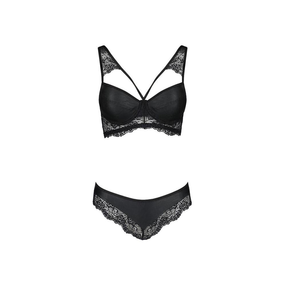 Комплект из эко-кожи с кружевом Passion LOONA SET S/M, black, бра и трусики