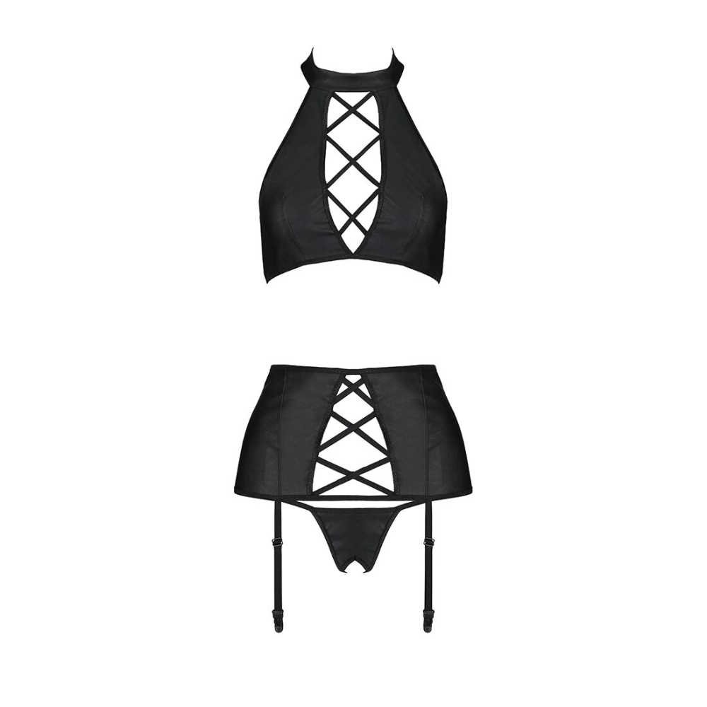 Комплект из эко-кожи с имитацией шнуровки Passion NANCY SET L/XL black, топ, трусики, пояс для чулок