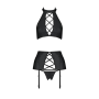 Комплект из эко-кожи с имитацией шнуровки Passion NANCY SET L/XL black, топ, трусики, пояс для чулок