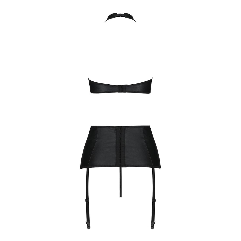 Комплект из эко-кожи с имитацией шнуровки Passion NANCY SET L/XL black, топ, трусики, пояс для чулок