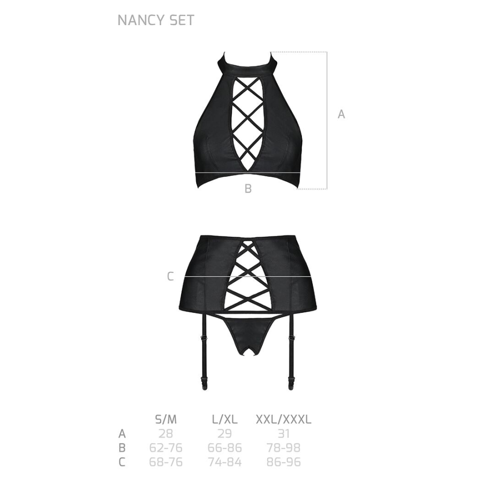 Комплект из эко-кожи с имитацией шнуровки Passion NANCY SET L/XL black, топ, трусики, пояс для чулок
