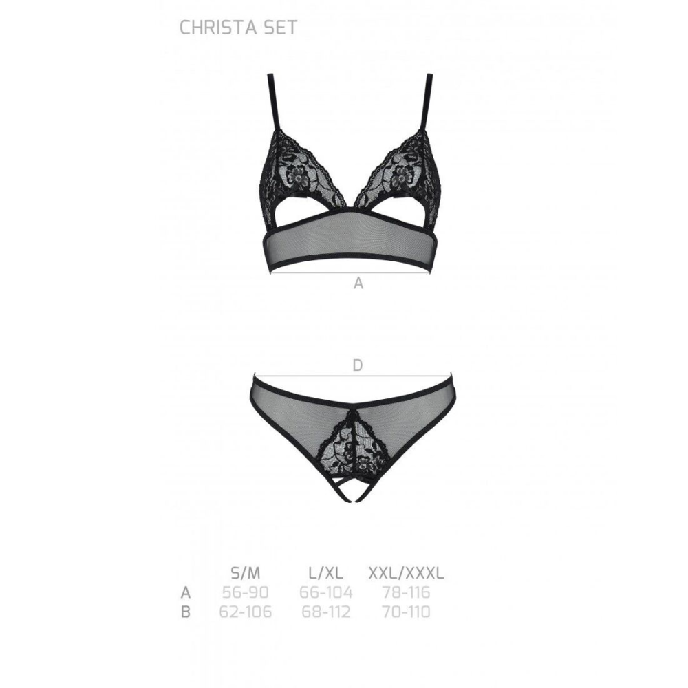 Комплект браллет с ажурным лифом и открытыми трусиками Passion CHRISTA SET Open Bra 2XL/3XL black