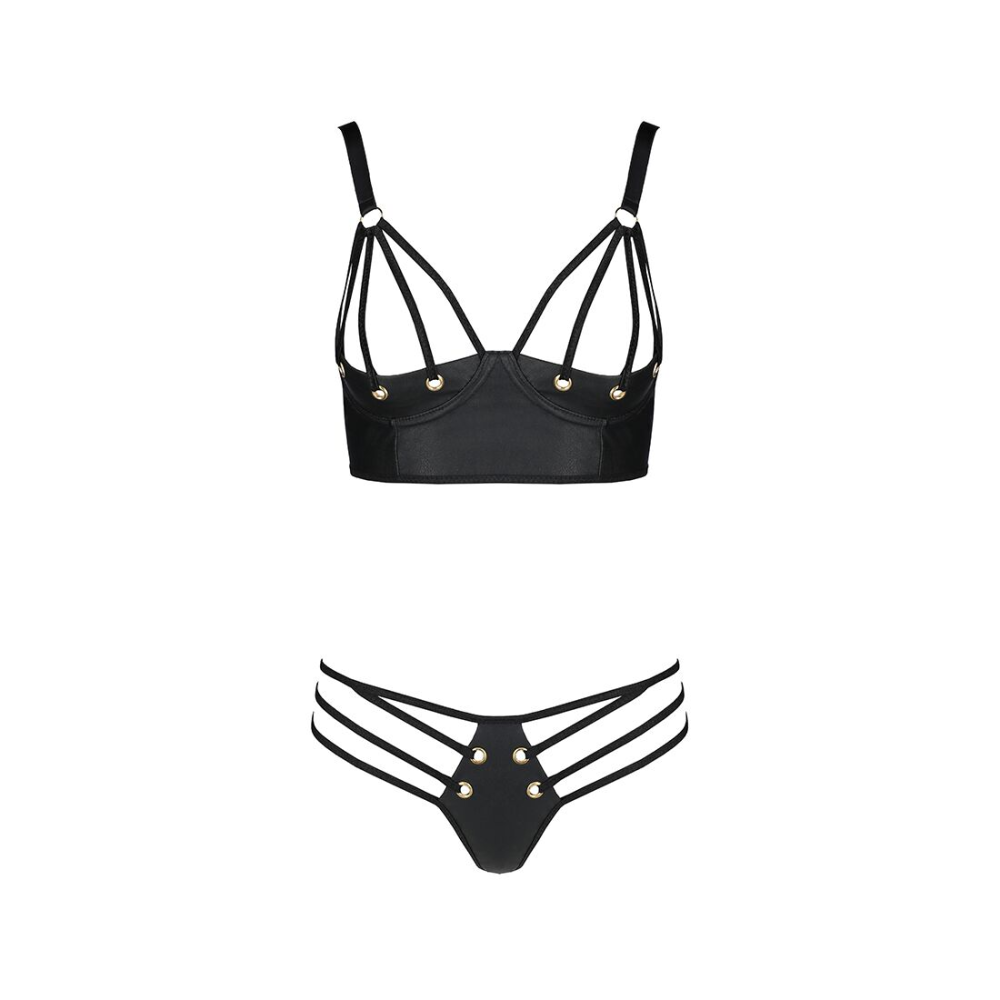 Комплект из эко-кожи с люверсами и ремешками Passion MALWIA BIKINI XXL/XXXL, black, бра и трусики