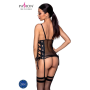 Сетчатый корсет с люверсами и съемными пажами Passion MALWIA CORSET L/XL, black, эко-кожа, стринги