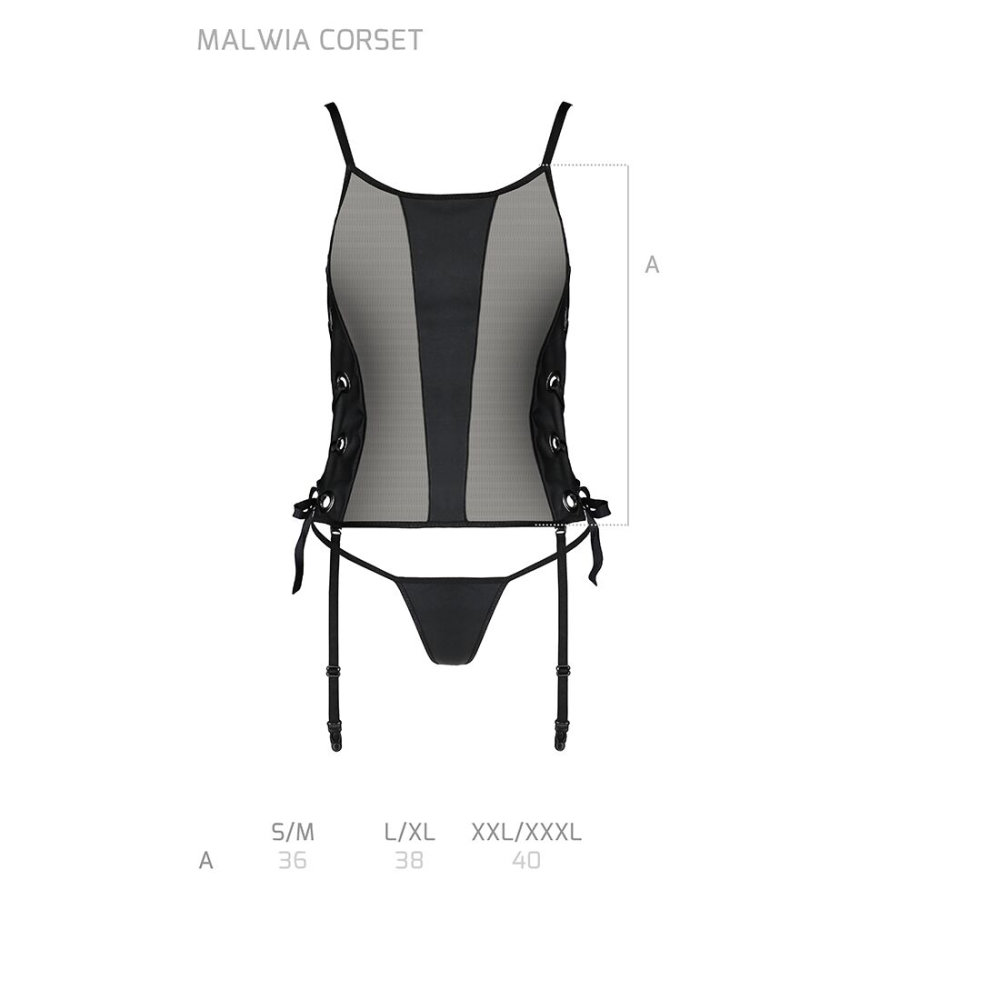 Сетчатый корсет с люверсами и съемными пажами Passion MALWIA CORSET L/XL, black, эко-кожа, стринги