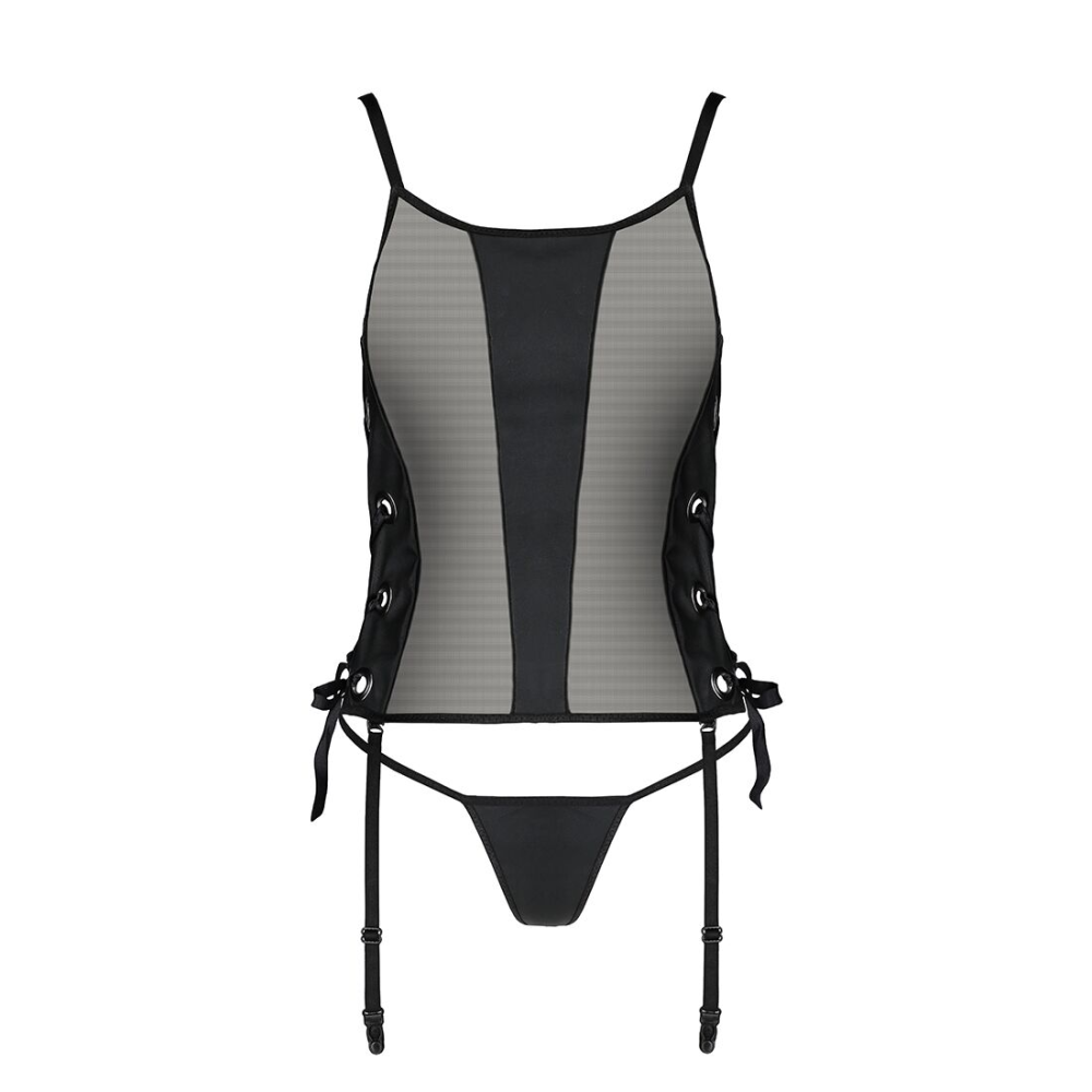 Сетчатый корсет с люверсами и съемными пажами Passion MALWIA CORSET 2XL/3XL black, эко-кожа, стринги