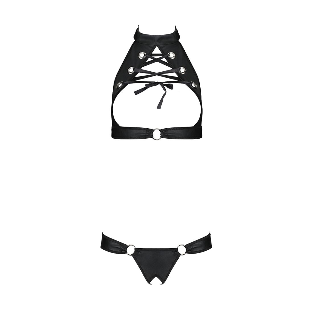 Комплект открытый топ и трусики из эко-кожи с люверсами Passion MALWIA SET Open Bra XXL/XXXL black