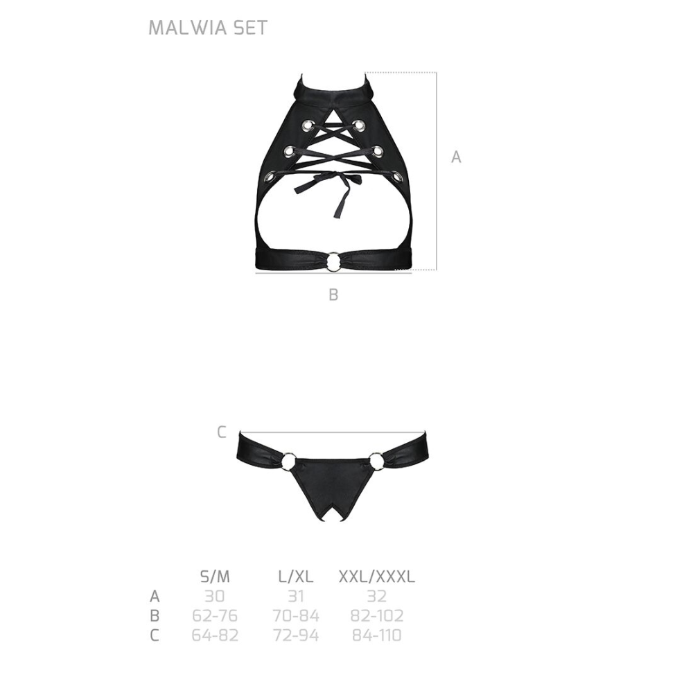 Комплект открытый топ и трусики из эко-кожи с люверсами Passion MALWIA SET Open Bra XXL/XXXL black