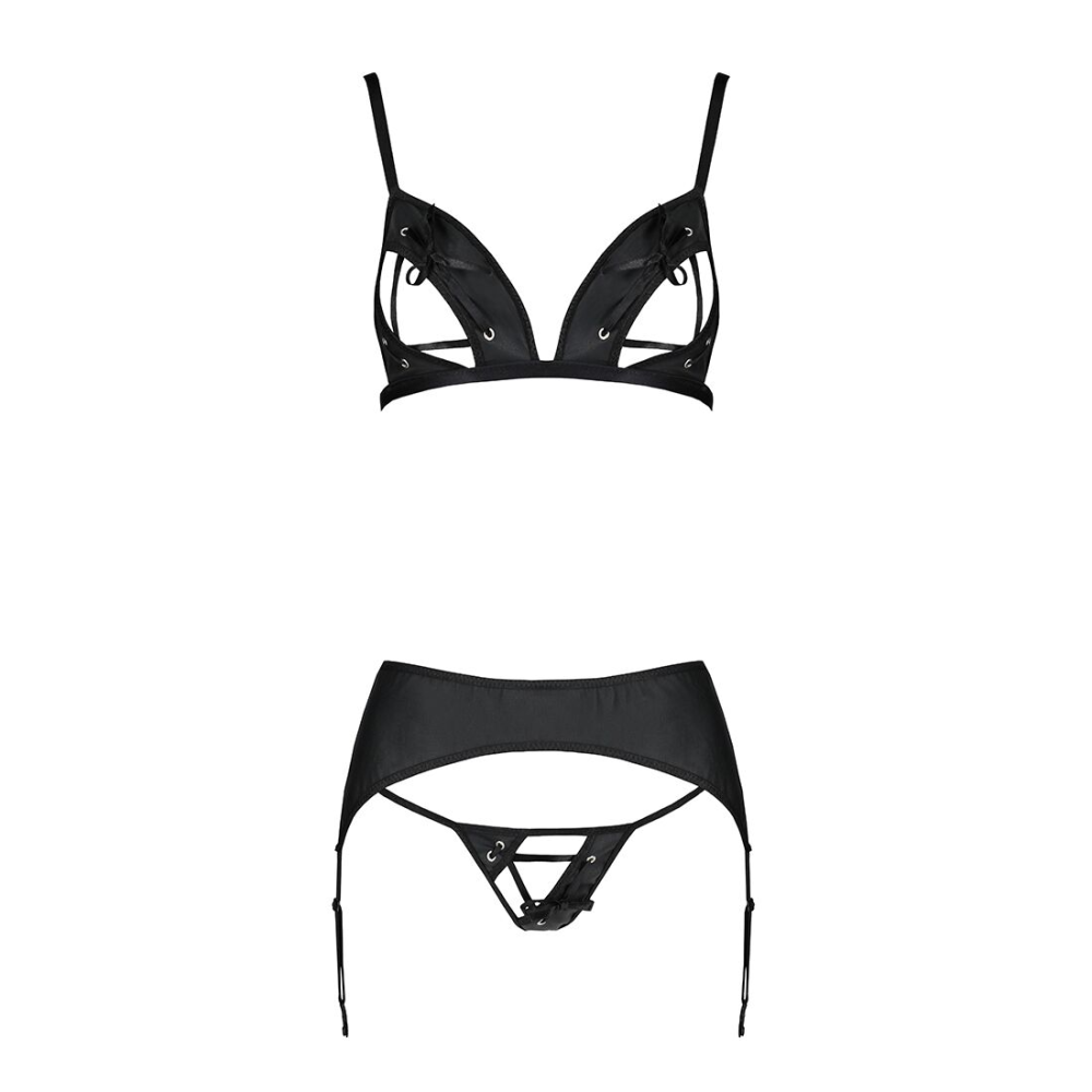 Комплект из эко-кожи Passion MILEY SET XXL/XXXL, black, трусики, бюстгальтер, пояс для чулок