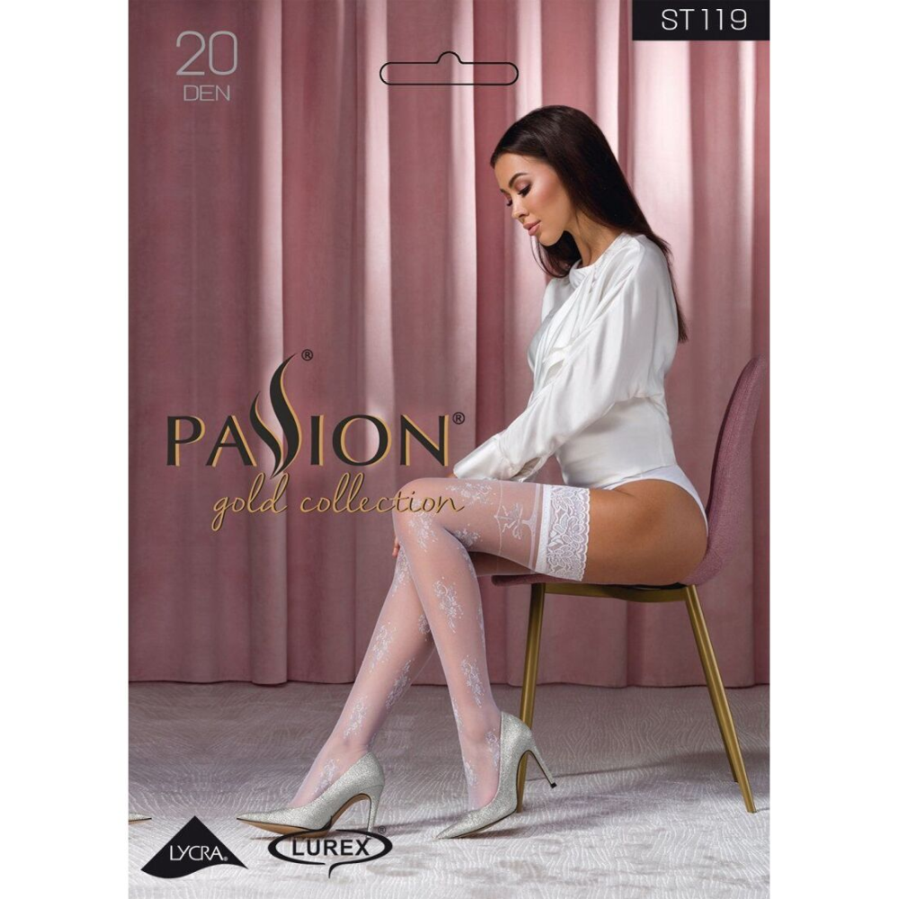 Чулки Passion ST119 1/2 white, ажурная силиконовая резинка с цветочным декором и люрексовой нитью