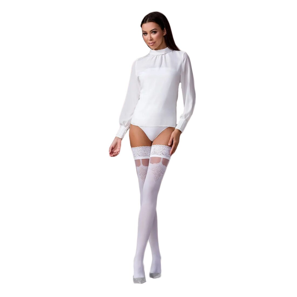 Чулки Passion ST121 1/2 white, на ажурной силиконовой резинке, с цветочным орнаментом и вертикальным
