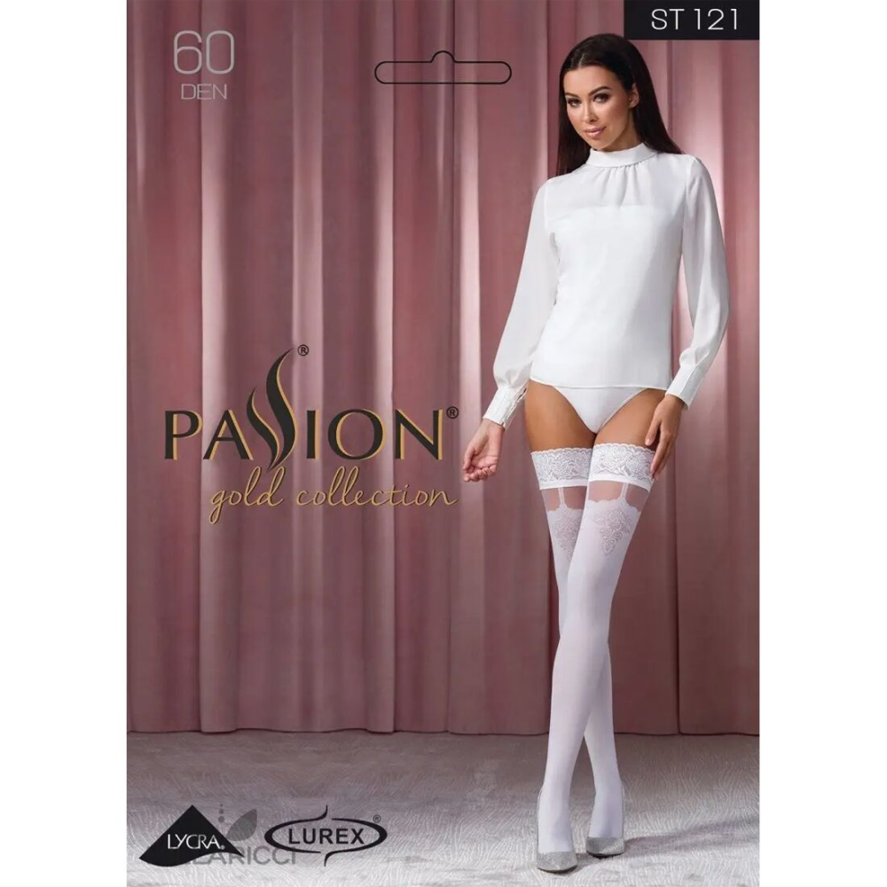 Чулки Passion ST121 1/2 white, на ажурной силиконовой резинке, с цветочным орнаментом и вертикальным