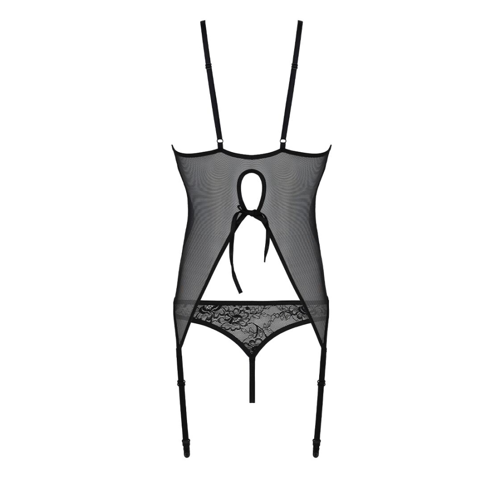 Корсет с пажами, трусики с ажурным декором и открытым шагом Passion URSULA CORSET XXL/XXXL, black