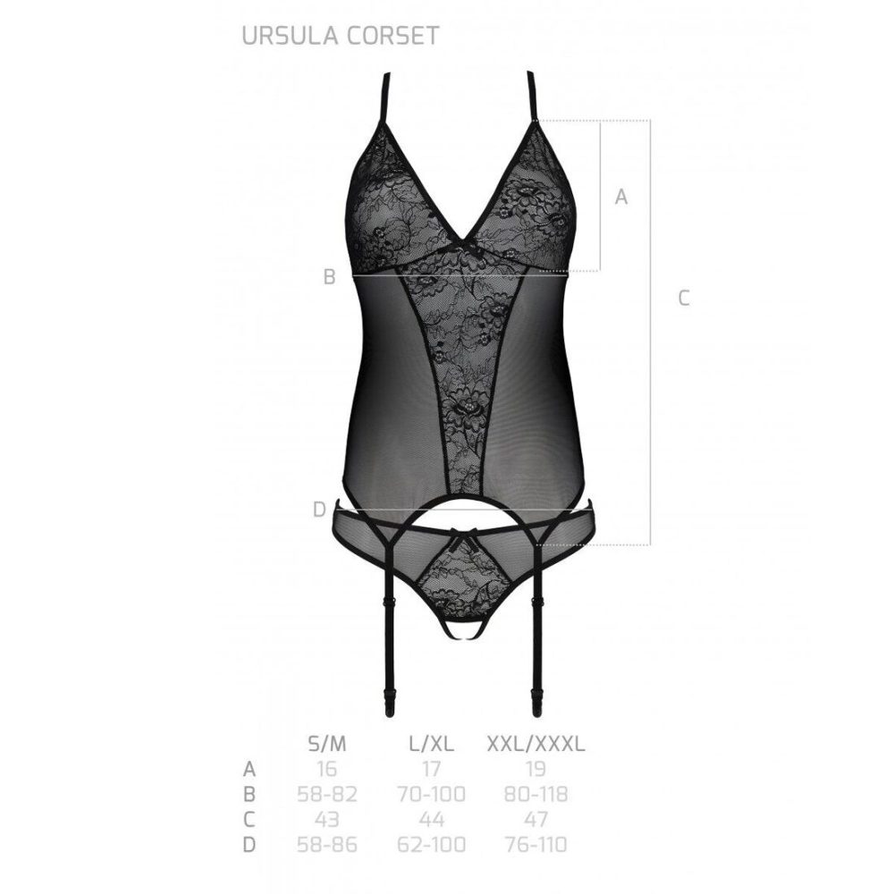 Корсет с пажами, трусики с ажурным декором и открытым шагом Passion URSULA CORSET XXL/XXXL, black
