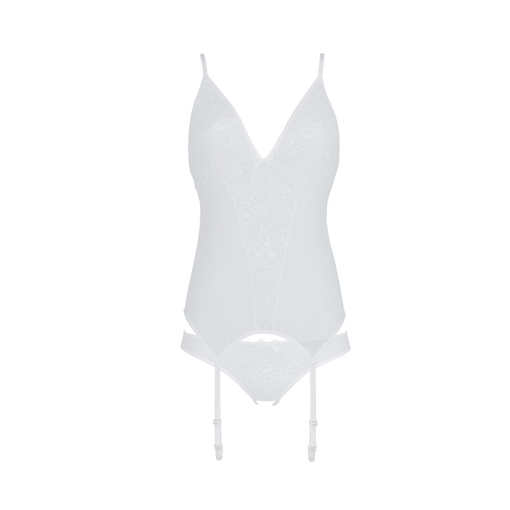 Корсет с пажами, трусики с ажурным декором и открытым шагом Passion URSULA CORSET L/XL, white