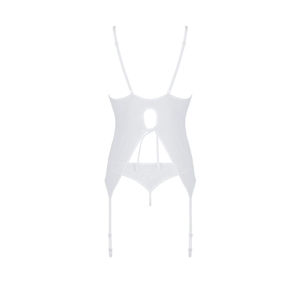 Корсет с пажами, трусики с ажурным декором и открытым шагом Passion URSULA CORSET L/XL, white