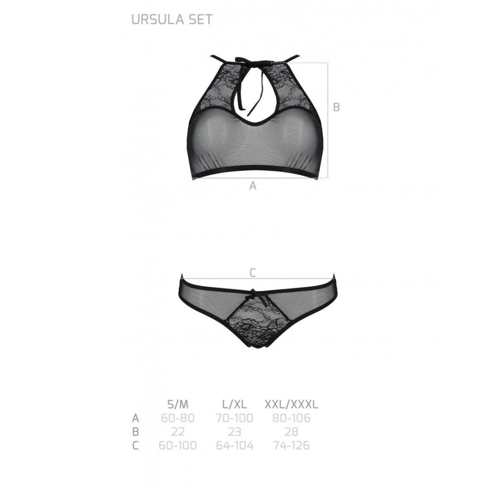 Комплект: бра, трусики с ажурным декором и открытым шагом Passion URSULA SET XXL/XXXL, black