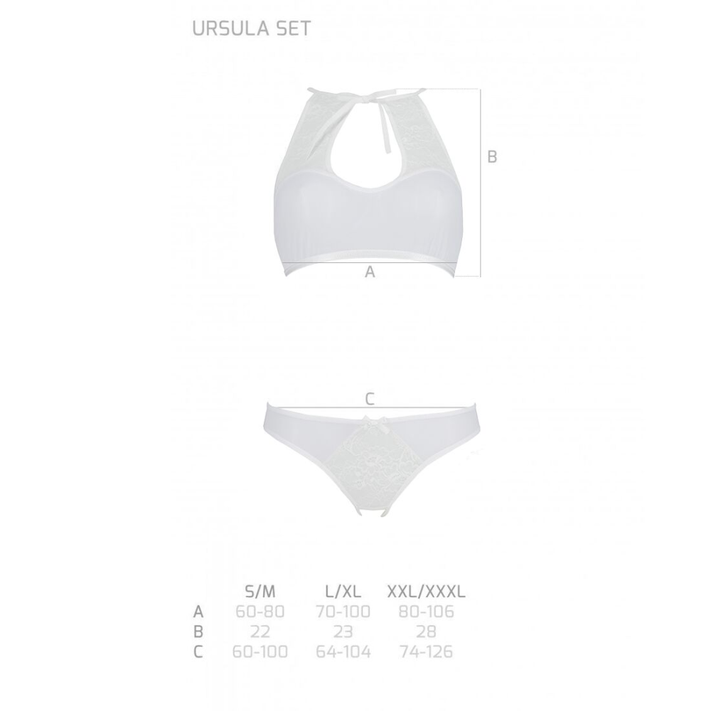 Комплект из бра, трусиков с ажурным декором и открытым шагом Passion URSULA SET S/M, white
