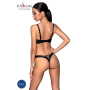 Комплект из экокожи Passion CELINE BIKINI L/XL, black, открытый бра с лентами, стринги со шнуровкой