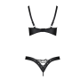 Комплект из экокожи Passion CELINE BIKINI L/XL, black, открытый бра с лентами, стринги со шнуровкой