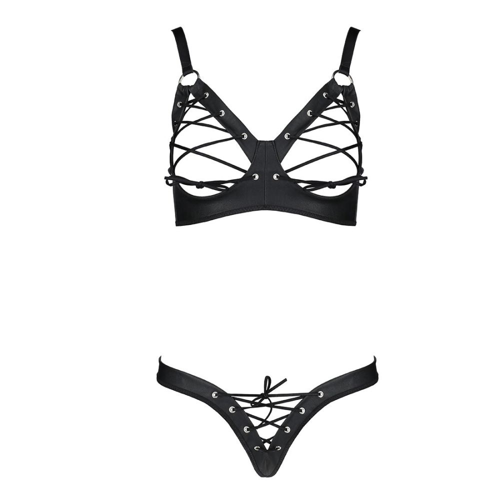 Комплект из экокожи Passion CELINE BIKINI S/M, black, открытый бра с лентами, стринги со шнуровкой