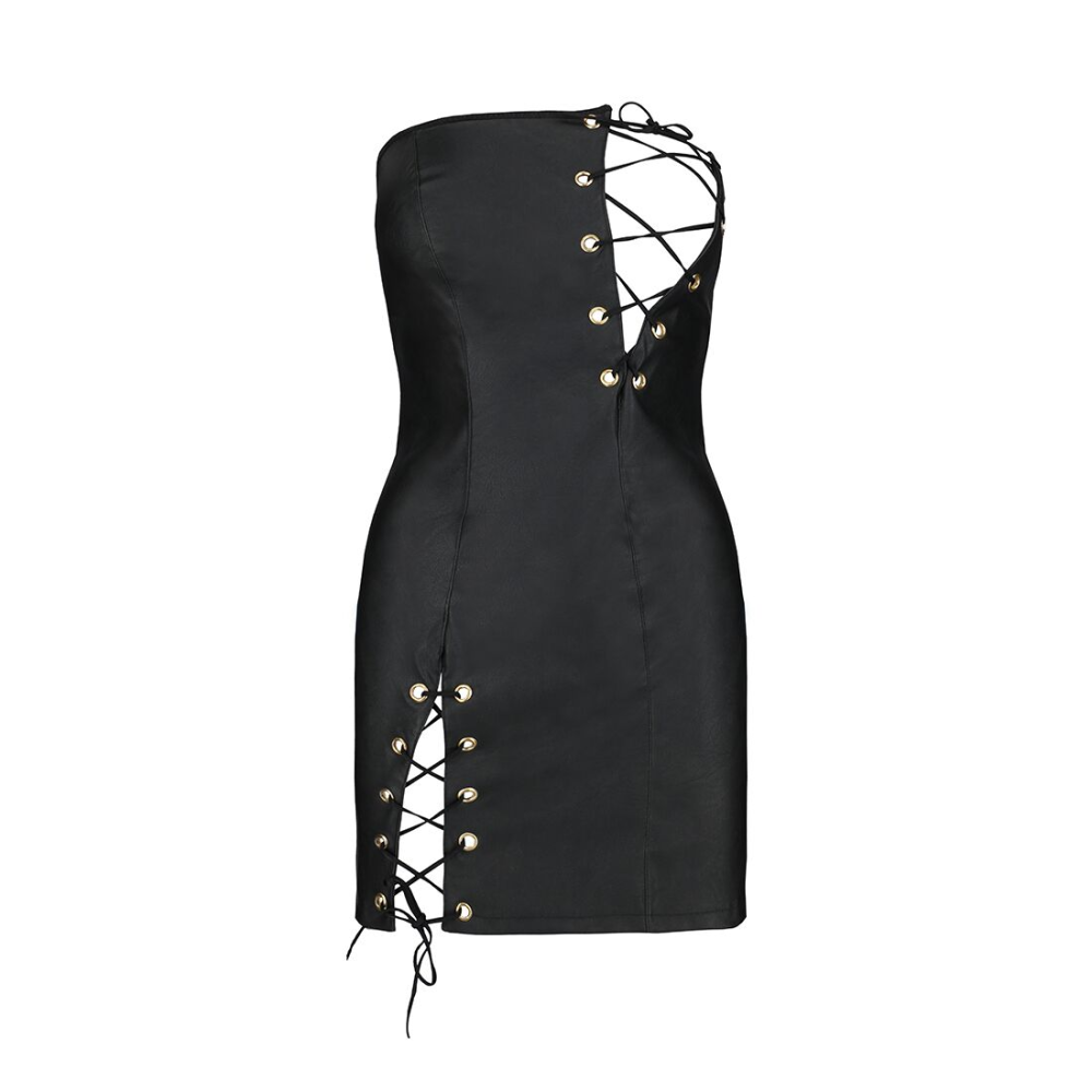 Мини-платье из экокожи Passion CELINE CHEMISE black L/XL, шнуровка, трусики в комплекте
