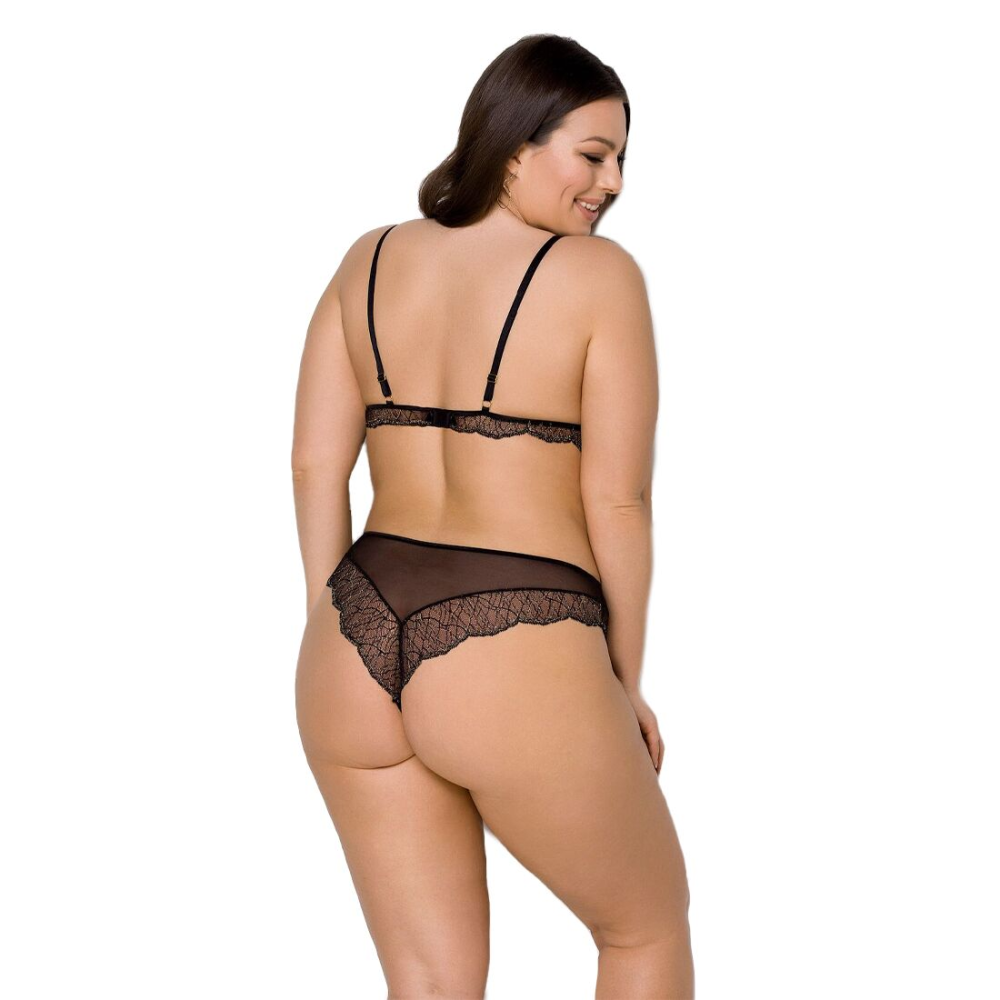 Комплект белья Passion AMBERLY SET 6XL/7XL black, лиф, трусики бразилиана, люрексовая нить