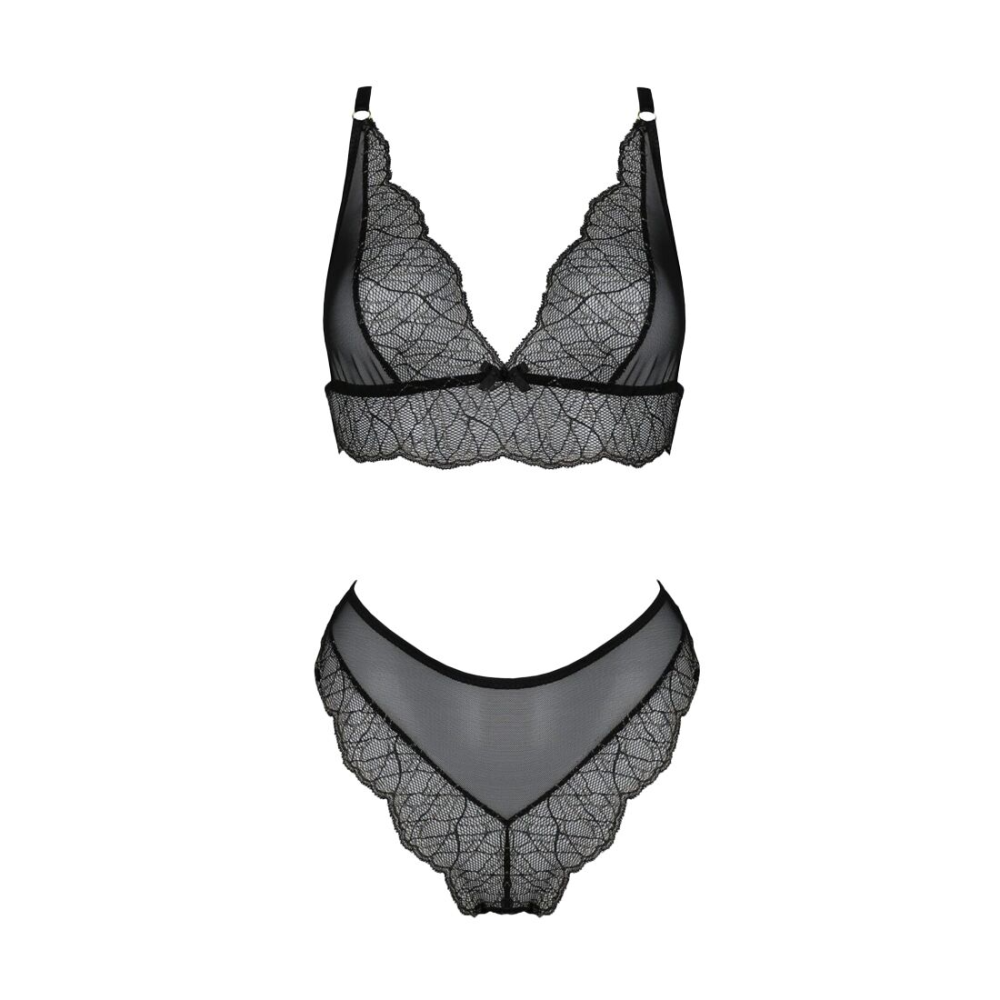 Комплект белья Passion AMBERLY SET 6XL/7XL black, лиф, трусики бразилиана, люрексовая нить