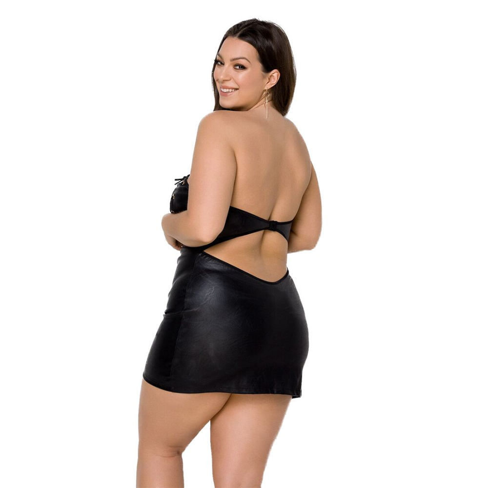 Мини-платье из экокожи Passion CELINE CHEMISE 6XL/7XL, black, шнуровка, трусики в комплекте