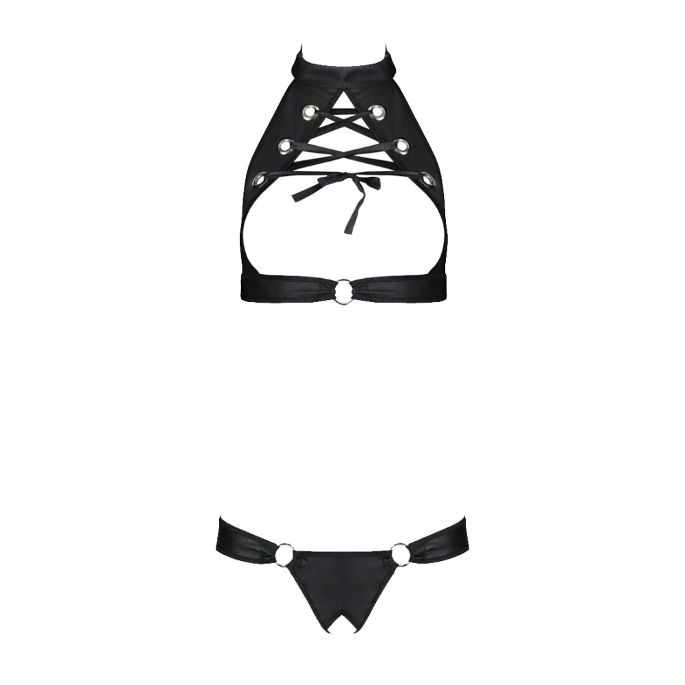 Комплект из экокожи Passion MALWIA SET with Open Bra 4XL/5XL black, топ и трусики с люверсами