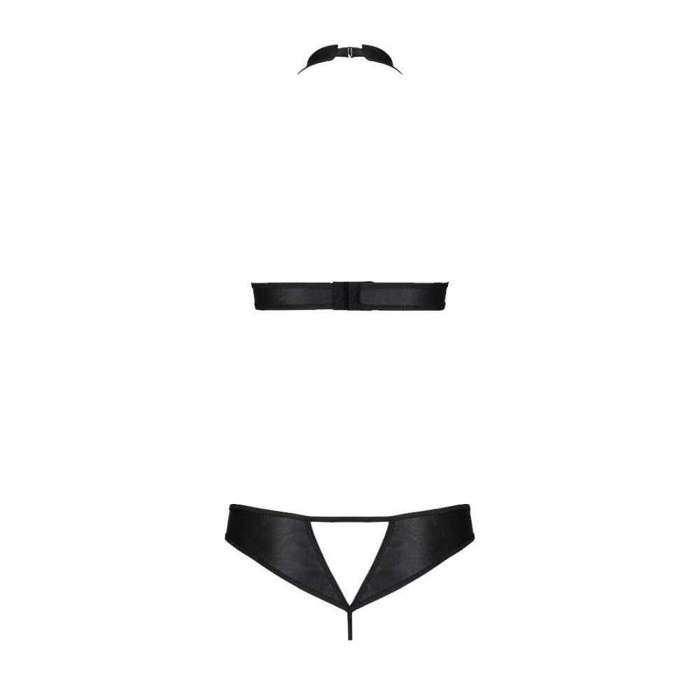 Комплект из экокожи Passion MALWIA SET with Open Bra 4XL/5XL black, топ и трусики с люверсами