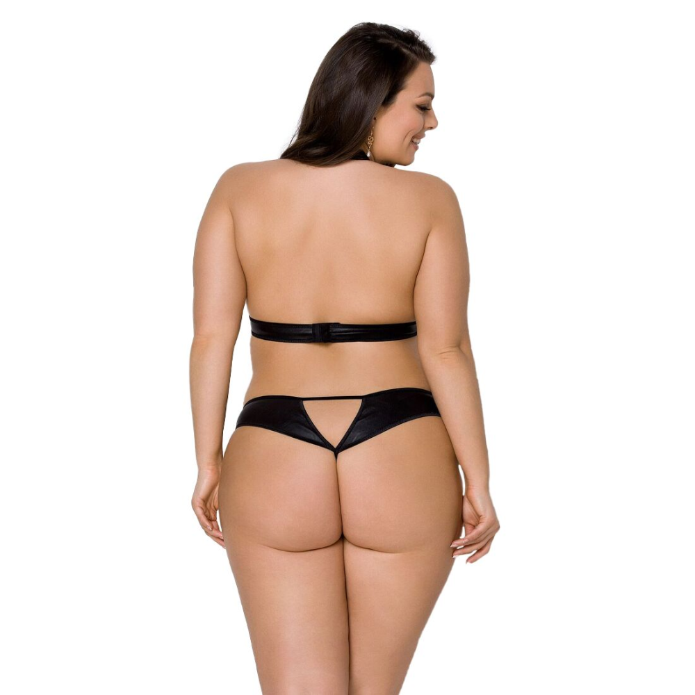 Комплект из экокожи Passion MALWIA SET with Open Bra 6XL/7XL black, топ и трусики с люверсами