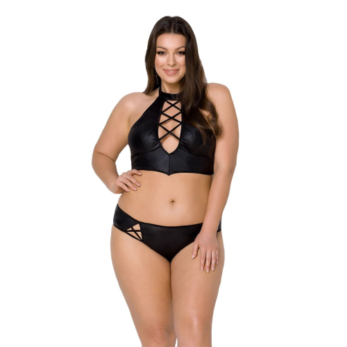 Комплект из экокожи Passion NANACY BIKINI 6XL/7XL black, бра и трусики с имитацией шнуровки