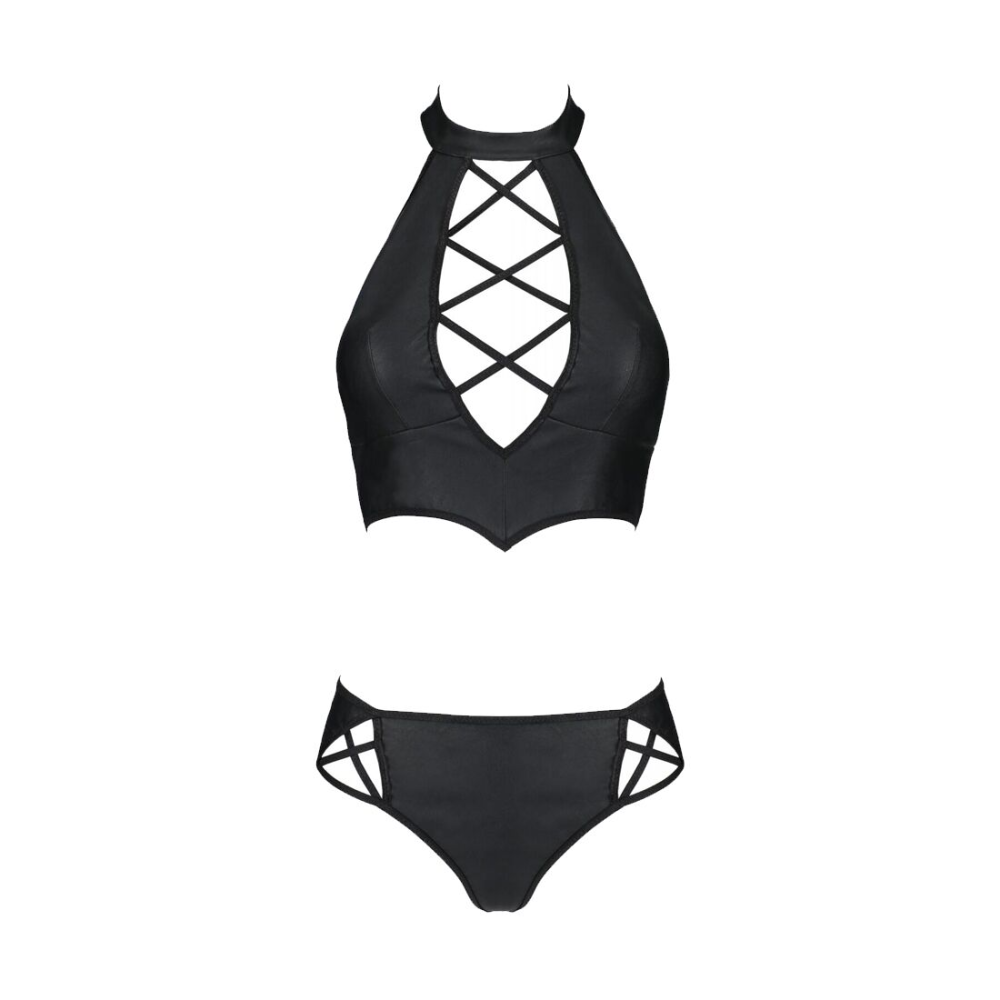 Комплект из экокожи Passion NANACY BIKINI 6XL/7XL black, бра и трусики с имитацией шнуровки
