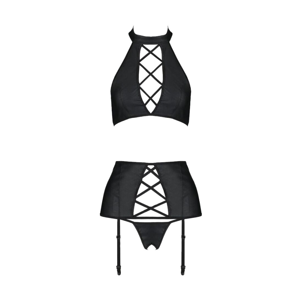 Комплект из экокожи Passion NANCY SET 4XL/5XL black, имитация шнуровки, топ, пояс для чулок