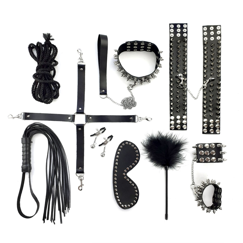BDSM-набор Art of Sex – Spikes BDSM Set Leather, 10 предметов, черный, натуральная кожа
