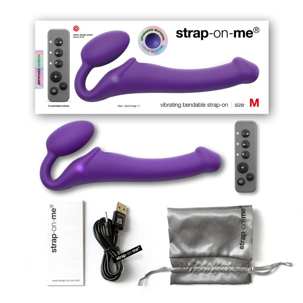 Безремневой страпон с вибрацией Strap-On-Me Vibrating Violet M диаметр 3,3см, пульт ДУ, регулируемый