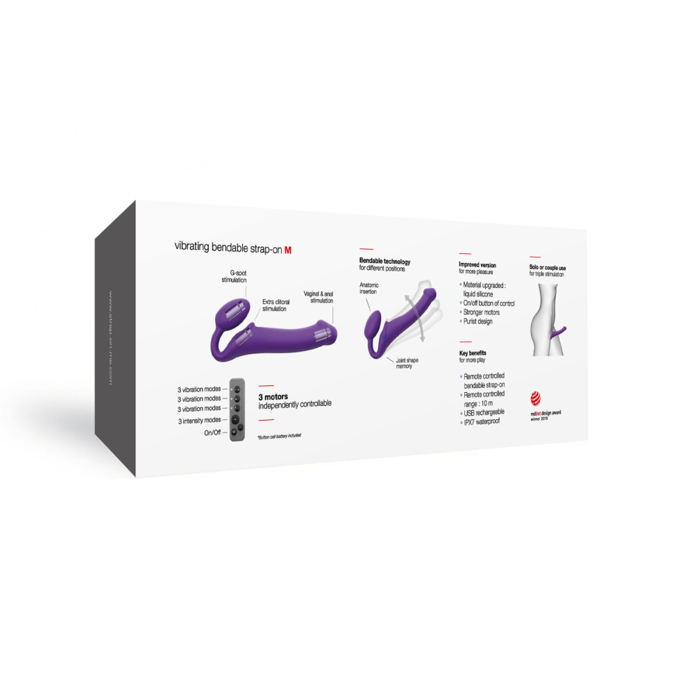 Безремневой страпон с вибрацией Strap-On-Me Vibrating Violet M диаметр 3,3см, пульт ДУ, регулируемый