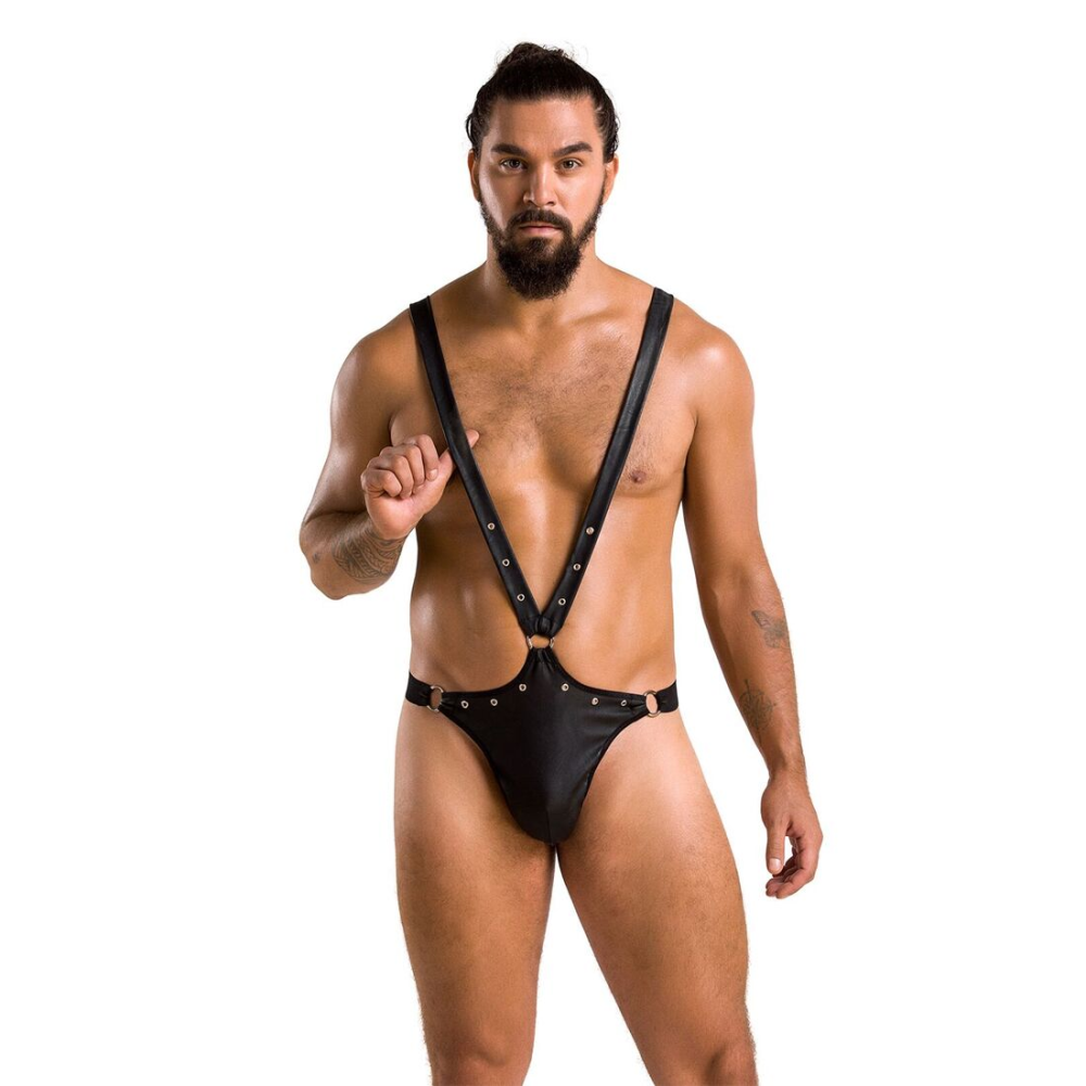 Мужское боди с люверсами Passion 028 HARRY XXL/XXXL Black, экокожа, на лямках