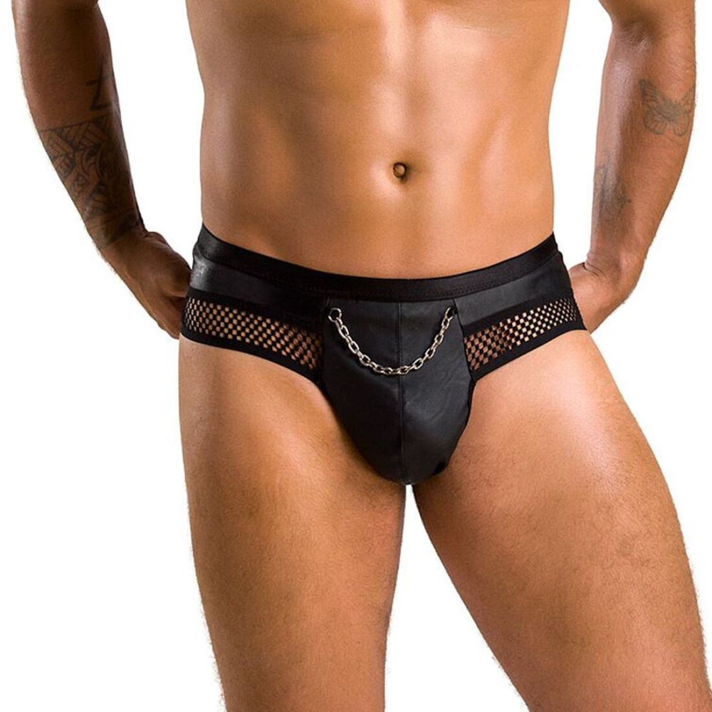 Мужские трусы с цепочкой Passion 030 SLIP TOM XXL/XXXL Black, экокожа, открытые ягодицы