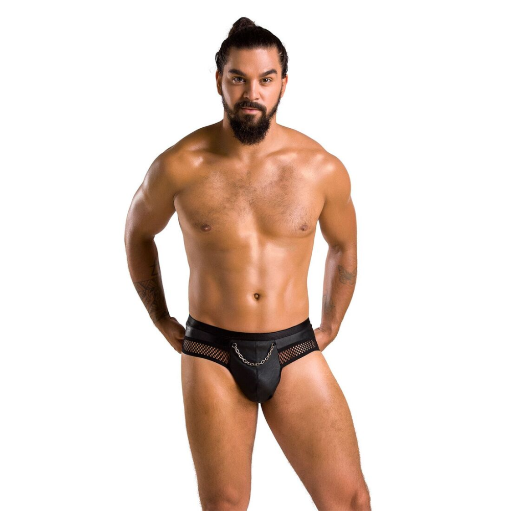 Мужские трусы с цепочкой Passion 030 SLIP TOM XXL/XXXL Black, экокожа, открытые ягодицы