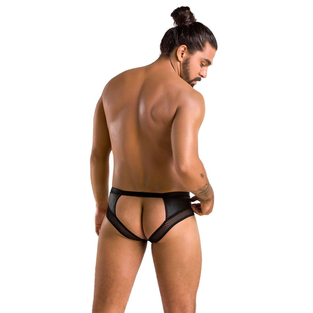 Мужские трусы с цепочкой Passion 030 SLIP TOM XXL/XXXL Black, экокожа, открытые ягодицы